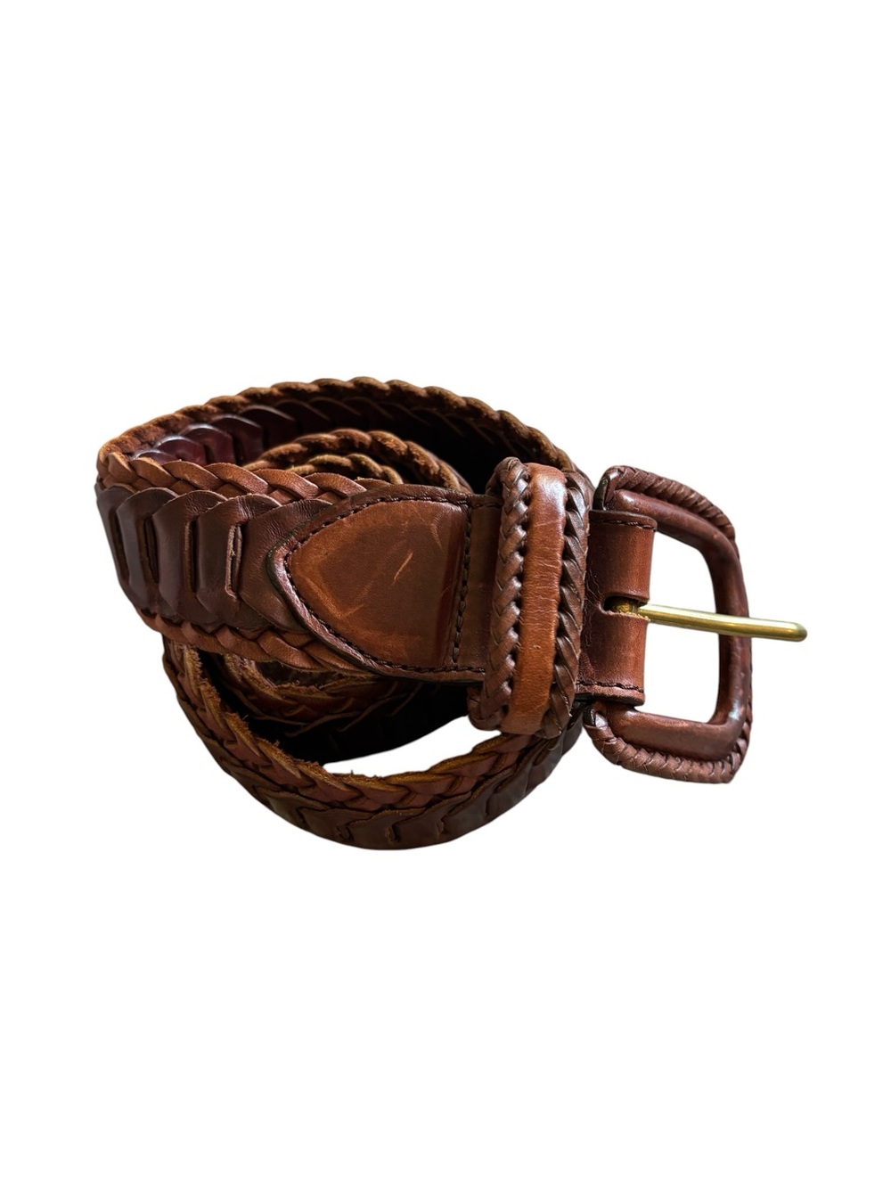 Vintage chunky Brown Thick Leather Woven Braided Fashion Belt 37.5”
